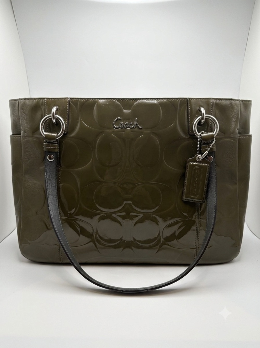 Coach Zoe Large Olive Green Patent Leather Signature Hobo Bag Tote F14709